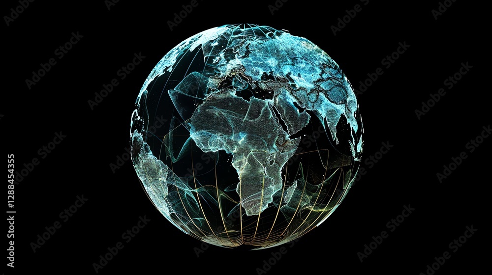 Poster a digital rendering of the earth with a grid pattern and lines and dots representing continents.