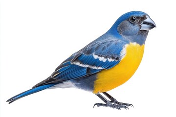Fototapeta premium A photorealistic image of a blue and yellowcolored bird with its full body against a white background