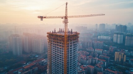 Fototapeta premium Aerial view of a skyscraper under construction with a crane at sunset, surrounded by a city skyline
