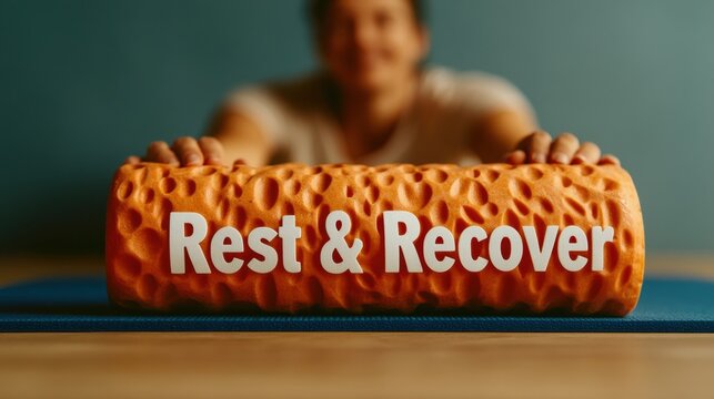 Calm Wellness Retreat Foam Roller and Rest Typography on Yoga Mat - National Fitness Recovery Day and Self-Care Essentials for Autumn Relaxation Trends
