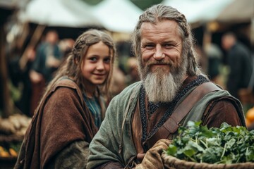 Fototapeta premium Smiling man and girl holding fresh produce at a bustling medieval market