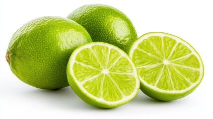 A realistic photograph of two whole limes and one lime slice
