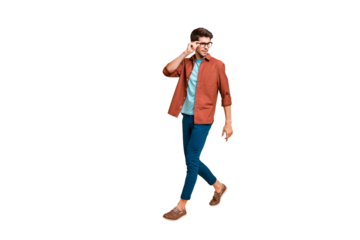 Full length body size view of his he nice attractive fashionable calm brunet guy business shark expert specialist touching specs walking isolated over beige color pastel background