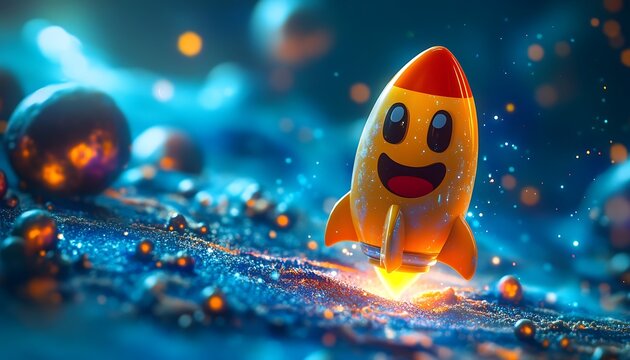 A rocket emoji isolated on a cosmic blue background. - Powered by Adobe