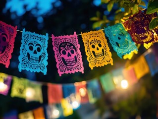Vibrant Dia de Muertos Papel Picado Banner Night Celebration