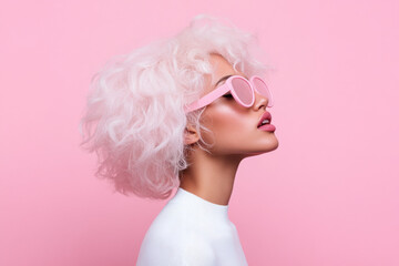 Fashion model posing with pink sunglasses and white hair on pink background