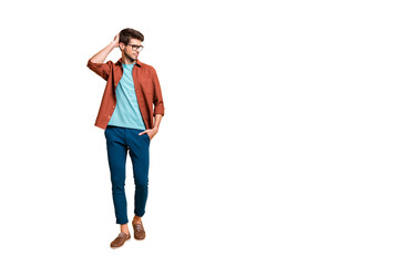 Full length body size view of his he nice attractive content brunette guy business shark expert thinking making career growth decision isolated over beige color pastel background