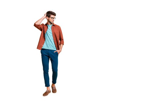 Full length body size view of his he nice attractive content brunette guy business shark expert thinking making career growth decision isolated over beige color pastel background