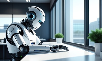 Futuristic robot in office setting: ai technology and innovation in modern workspaces