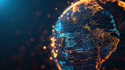 A digital rendering of the Earth with a circuit board pattern, representing global connectivity.