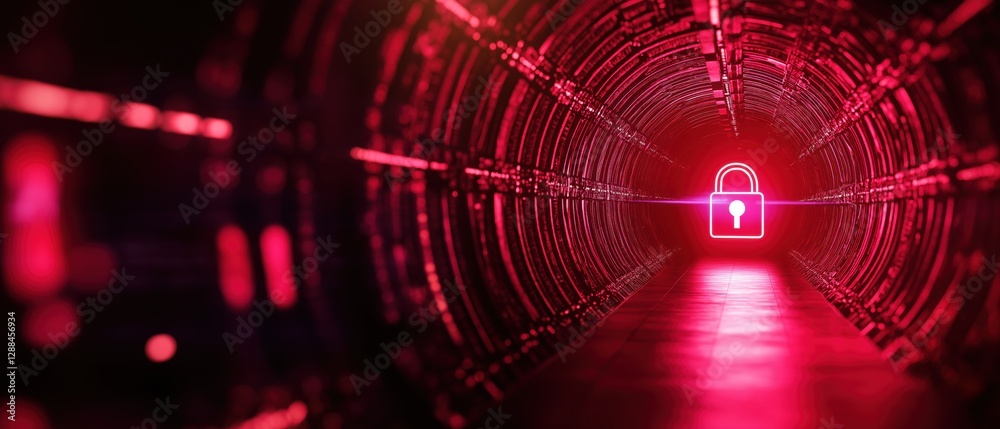 Poster glowing locks and firewalls in a secure data tunnel with encrypted elements