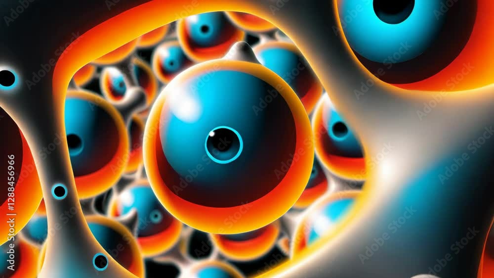 Poster a close up of many small blue and orange circles. the circles are very close together and are very s