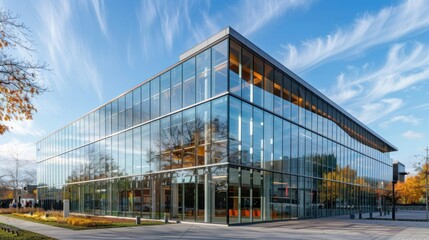 Obraz premium Urban commercial building exterior with a reflective glass facade. stock photo --ar 16:9 --style raw --v 6 Job ID: e977ba31-8466-4777-bbfc-eb4e5c90d0e3