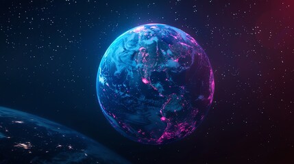 Fototapeta premium Earth glowing with pink and blue light, seen from space.
