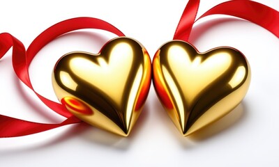 Golden hearts with red ribbons on white: symbolizing love and romance