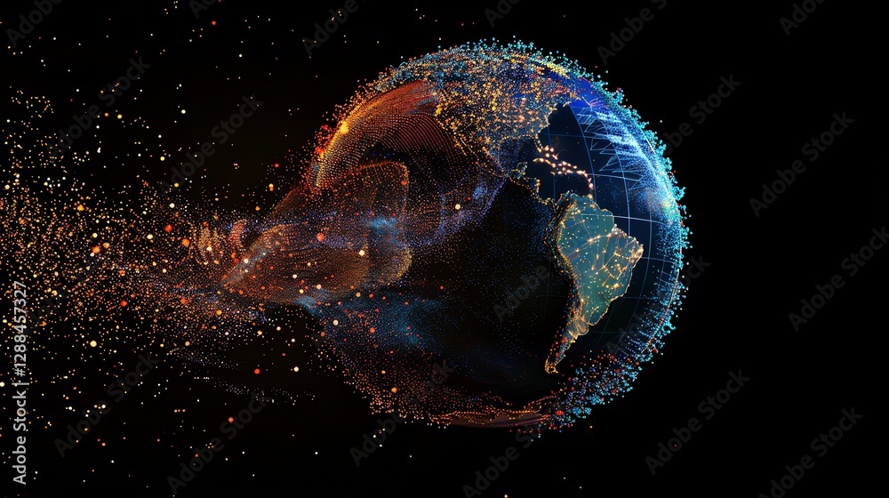 Poster a stylized rendering of the earth with swirling blue and red lines and data points.