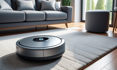Smart vacuum robot cleaning modern living room with natural light and stylish decor