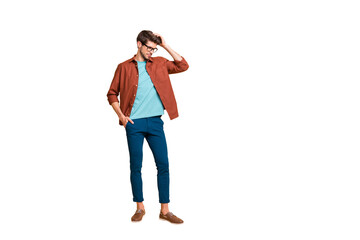 Full length body size view of his he nice attractive fashionable brunette guy hipster posing...
