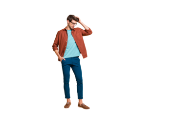 Full length body size view of his he nice attractive fashionable brunette guy hipster posing touching fixing hair isolated over beige color pastel background
