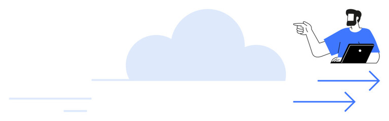 Person holding laptop, pointing towards the right. Blue cloud, two arrows indicating movement. Ideal for cloud computing, online communication, data transfer, cloud storage, remote work technology