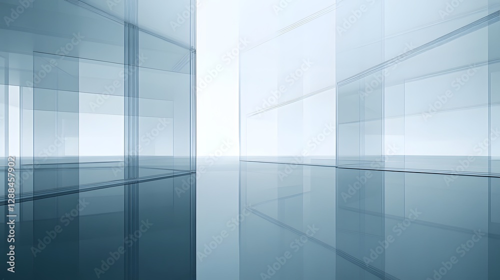 Poster Minimalist glass and steel interior with panoramic window view creating a bright open and spacious corporate office or creative studio setting  The clean contemporary design features sleek lines