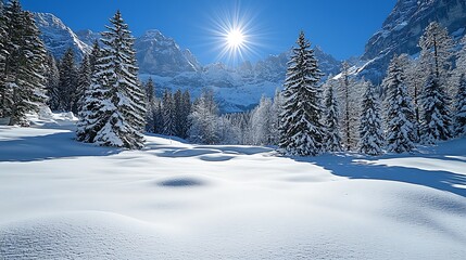Obraz premium Snowy mountains landscape with trees in winter, sun shining on the valley, great for wallpaper