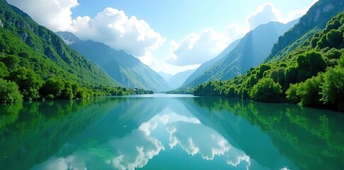 Silky smooth river surface with surrounding mountains and lush greenery, greenery, lake scenery, natural scenery