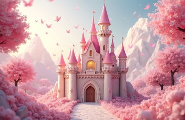 Fairytale princess castle with pink blossom trees. Romantic landscape with turrets, towers, flags. Dreamy palace. Fairytale backdrop with spring cherry blossom, butterflies, pastel colors. Kids