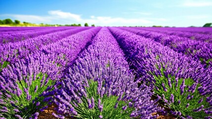 Obraz premium A lavender field spring wallpaper inside the studio, showcasing endless rows of purple lavender under a bright blue sky, captured with ultra-detailed sharpness