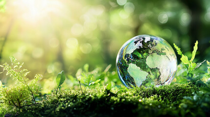 A crystal globe on moss in a vibrant forest
