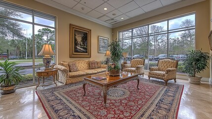 Fototapeta premium Elegant waiting room with large windows, comfortable seating, and ornate rug.