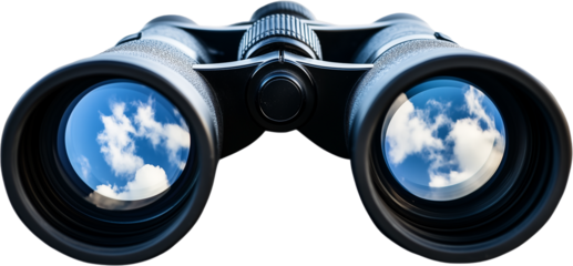 Close up of black binocular with sky in glasses isolated on transparent background.