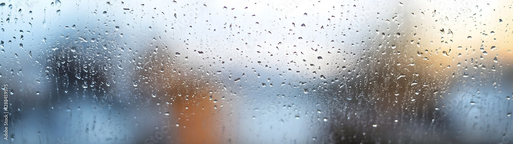 Aufkleber Moody and atmospheric image of raindrops on a window glass with a blurred overcast outdoor landscape visible through the wet textured surface during an autumn rainstorm