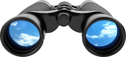 Close up of black binocular with sky in glasses isolated on transparent background.