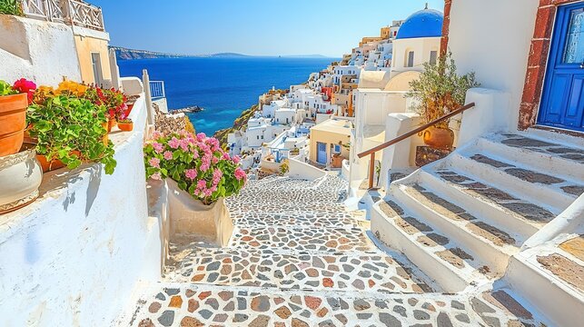 Santorini Steps Aegean Sea view, whitewashed houses, flowers. Travel brochure