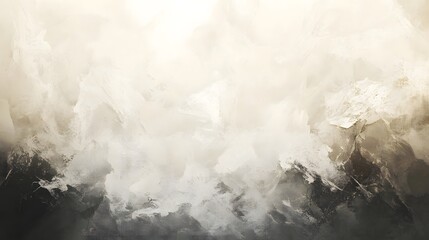 Misty mountainous landscape shrouded in ethereal monochromatic tones creating a dramatic atmospheric and visually captivating scene  The image evokes a sense of solitude tranquility