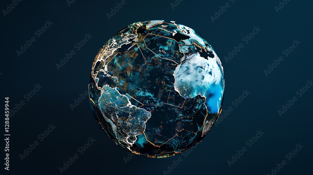 Poster a digital rendering of the earth with lines and dots representing continents, representing global co