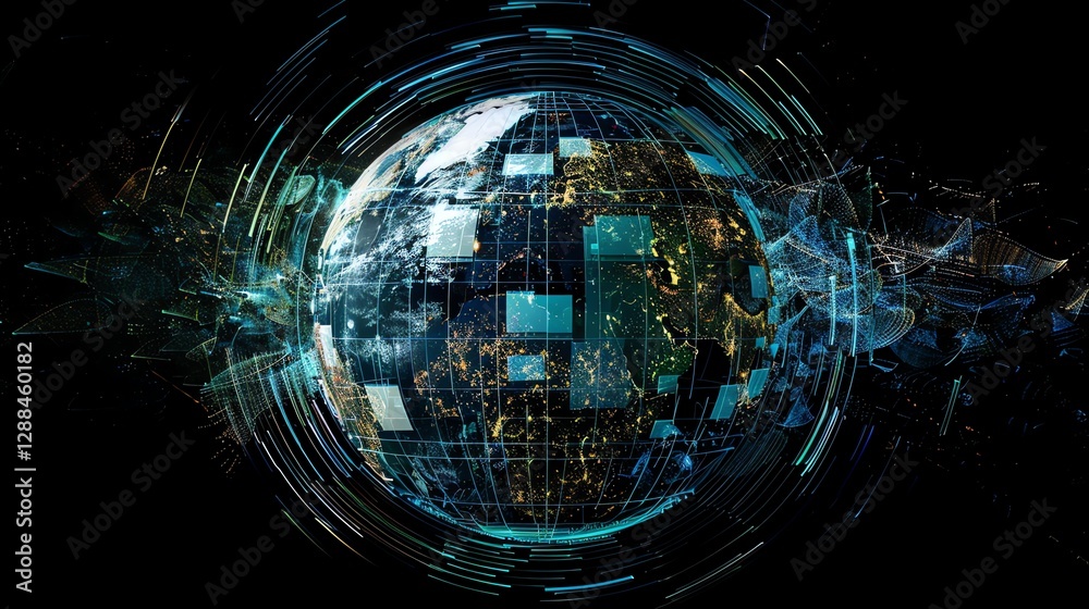 Poster a digital rendering of the earth with lines and dots representing continents, representing global co