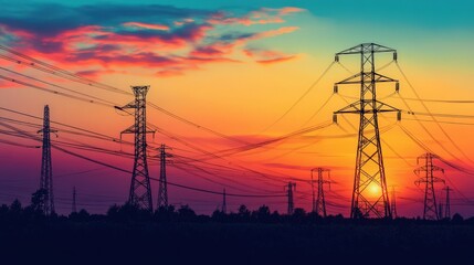Fototapeta premium Electric Towers Silhouetted Against Vibrant Sunset Sky