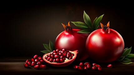 Juicy pomegranates on dark wood, seeds spilled, leaves