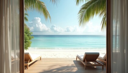 Tropical beach view through open terrace doors. Palm trees, turquoise sea, white sand. Deck chairs invite for seaside relaxation, holiday rest, beach vacations on paradise island.