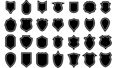 Shields police badge set vector. Security black labels illustration. Shield blank emblems, military shield silhouettes. 
