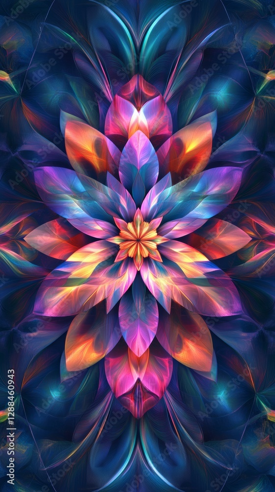 Poster kaleidoscopic flower pattern with vibrant multicolored petals on dark background. abstract digital a