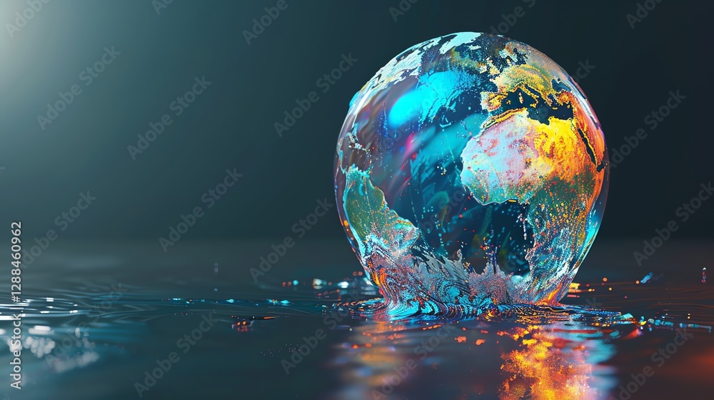 Poster a digital rendering of the earth with a grid pattern and lines and dots representing continents.
