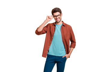 Portrait of his he nice attractive fashionable cheerful cheery brunet guy touching specs posing new cool modern look isolated over beige color pastel background