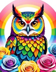 Fototapeta premium Colorful owl with rainbow feathers and vibrant roses in a psychedelic design