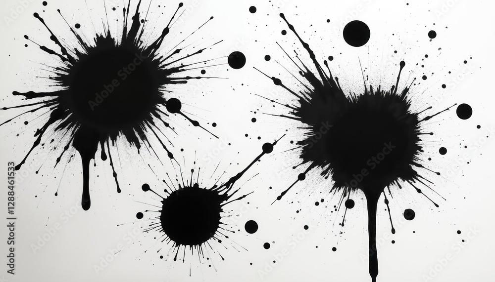 Aufkleber black paint splash set on white background. ink stain spread as spot on surface. splatter, dripping 
