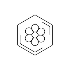 chamomile Vector black line pictogram. Minimalist flower emblem inside hexagon outline. Floral themes, pollen, field honey in a minimalistic style.