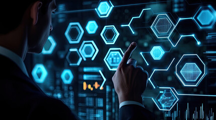 Futuristic Businessman Interacting with Holographic Hexagon Data Interface