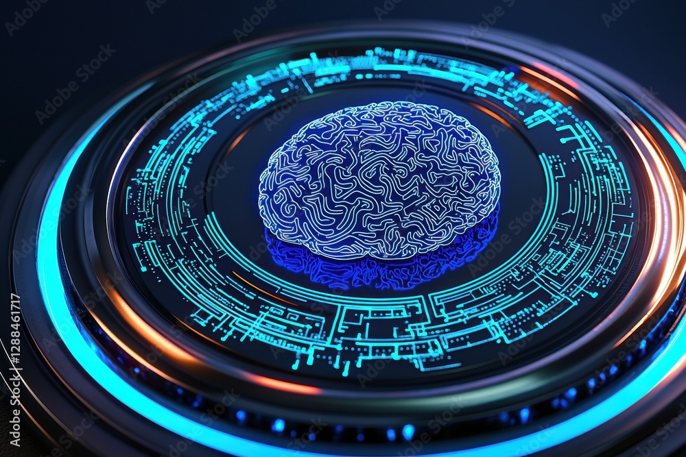 Poster artificial intelligence brain glowing on futuristic circuit board